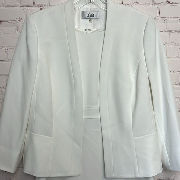 Le Suit Crepe Open Front Jacket & Crewneck Sheath Dress Suit - Picture 2 of 14